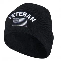 Rothco Veteran With US Flag Fine Knit Watch Cap - Black Beanies